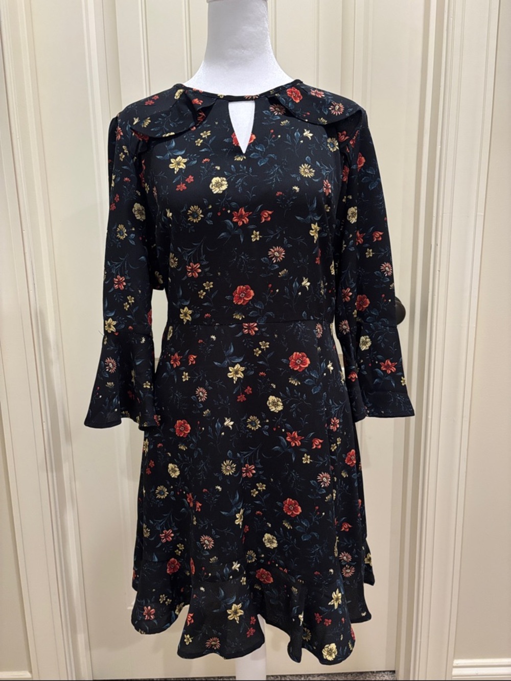 Xhilaration Black Floral Keyhole Mini Dress with Ruffle Hem and Bell Sleeves